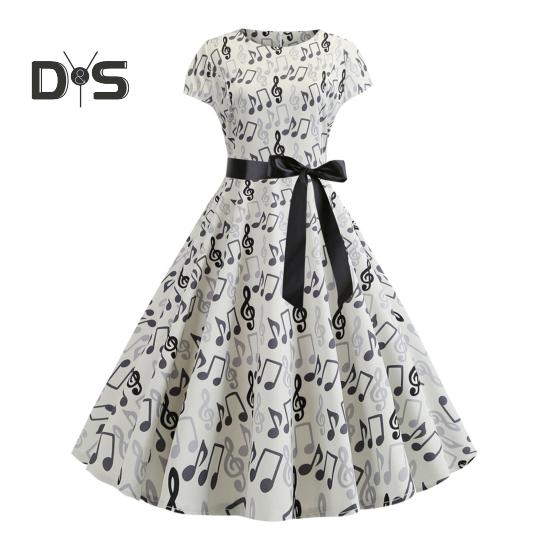 Damenkleid mit Musikskalen-Print, Rundhalsausschnitt, Schleife, Gürtel, enge Taille, A-Linie, großer Saum, bunt, kurze Ärmel, Reißverschluss auf der Rückseite, Midikleid für Damen
