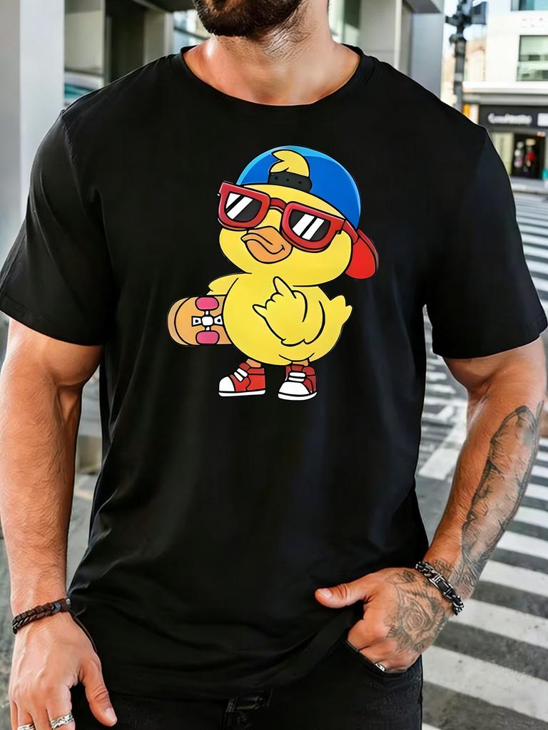 Cool Skateboarding Duck Cartoon Graphic Unisexs Cotton Crew Neck Short Sleeve Tee Loose Casual Summer Daily Street Male Comfort Top