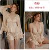 Women's Solid Satin Lace V Neck Padded Cami Shorts with Robe Lounge Set