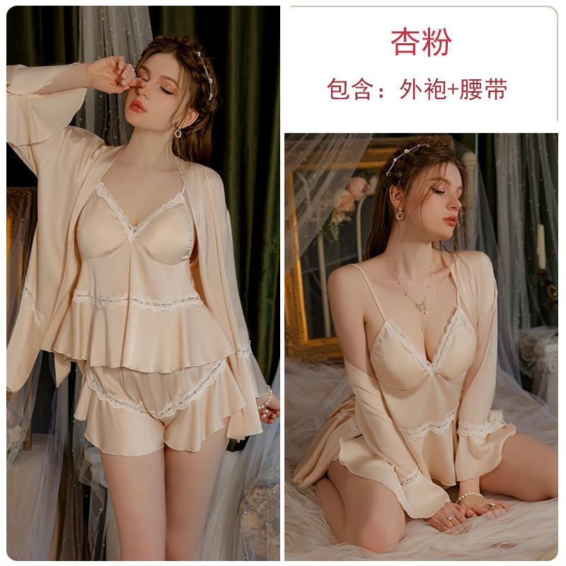 Women's Solid Satin Lace V Neck Padded Cami Shorts with Robe Lounge Set