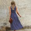 Women Summer Long Dress V-neck Sleeveless High Waist Bandage Print Dress Vacation Style Button S-XXXL