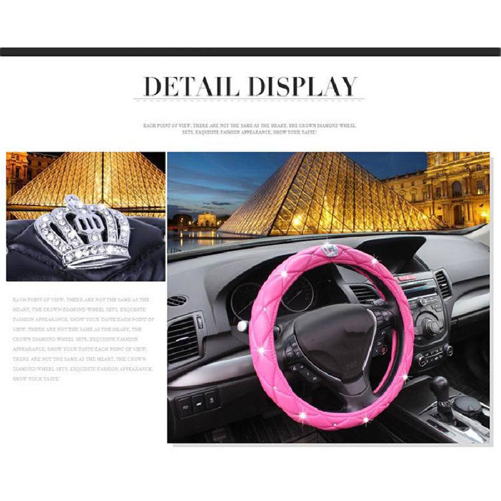 Black Car Steering Wheel Cover Pu Leather 38Cm Rhinestone Crystal Diamond Crown