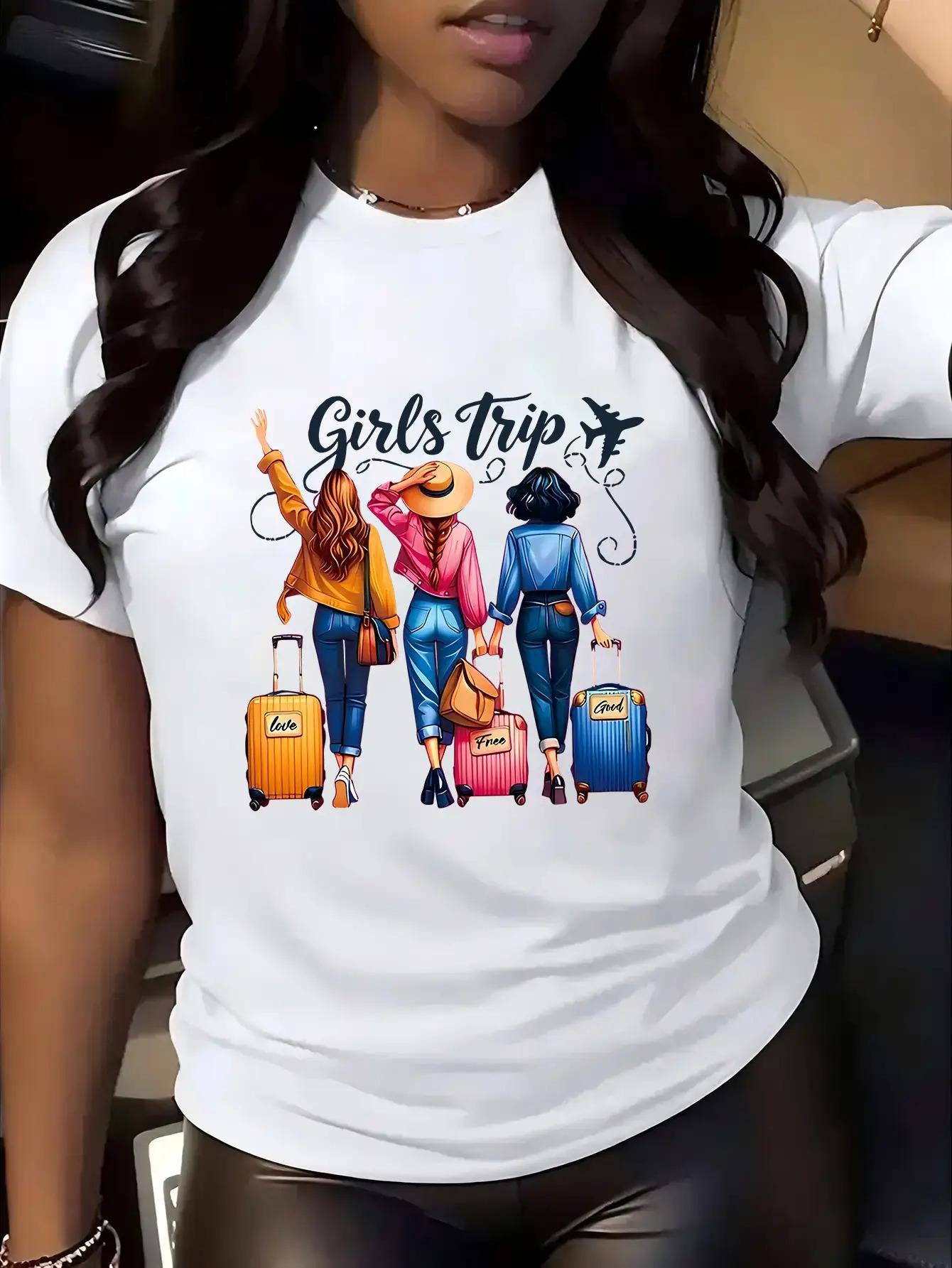 

Женская графическая футболка для путешествий европейского размера - Легкая дышащая футболка из полиэстера со стилизованным изображением багажа S белый