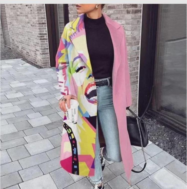 2025 European American Style Women Long Woolen Coat Autumn Winter Printed Fashion