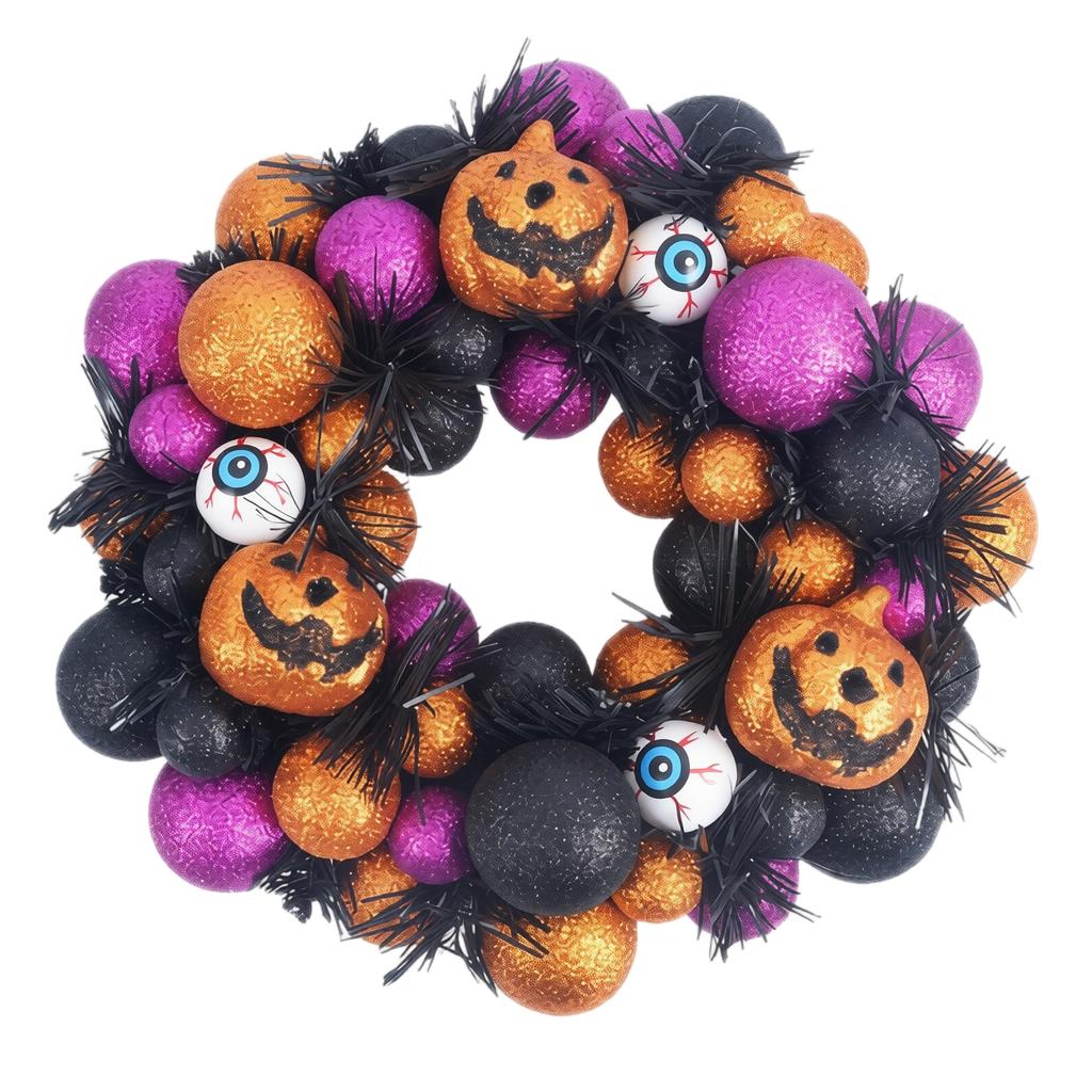 30cm Halloween Blow Mold Pumpkin Eyes Wreath Home Decoration Artificial Flower Ring Indoor Outdoor Seasonal Ornament for Door Wall