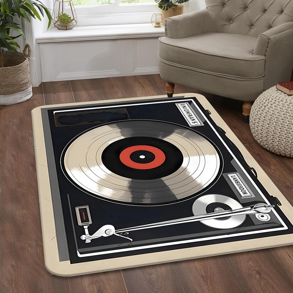 Retro Record Player Print Flannel Area Rug Music Theme Soft Comfortable Floor Mat For Living Room Bedroom Study