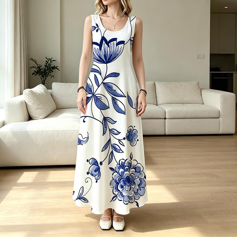 Summer Blue & White Porcelain Style Long Dress Sleeveless,Loose Lightweight,Vintage Elegant,Versatile for Daily Casual Gatherings