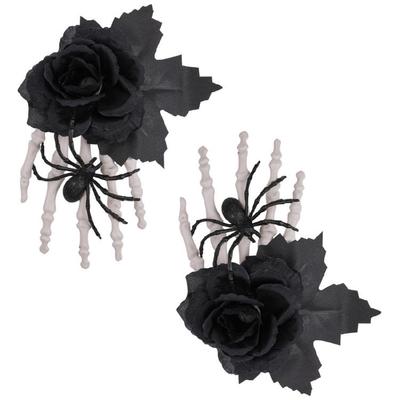 Scary Skull Claw Hair Clip With Dark Floral Accent And Artificial Spiders For Women Halloween Costume Parties