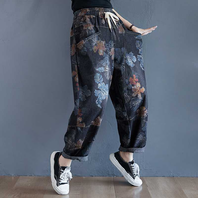 

Большие размеры Весна Лето Осень Повседневные свободные джинсы Винтажные цветочные джинсы Женские брюки из денима с высокой талией Шаровары XXL