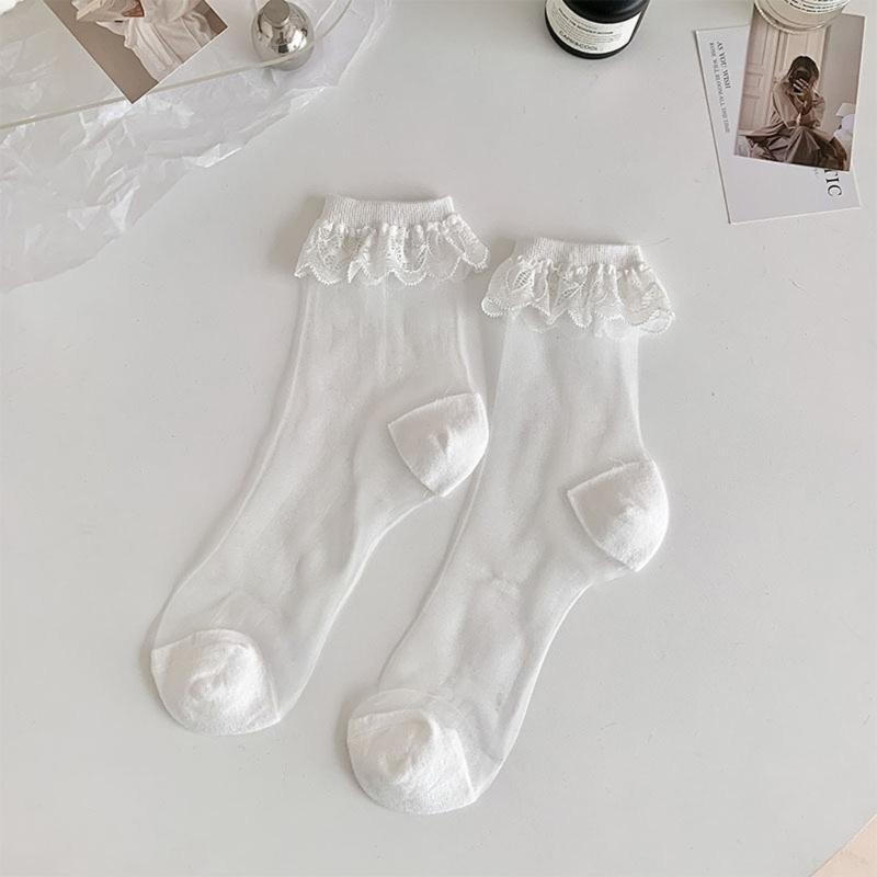 Damen Socken Japanische Lolitas Spitze Rüschen Verspielte Socken Niedliche Prinzessin Knöchelsocken Kristallglas Seide Transparent Socke