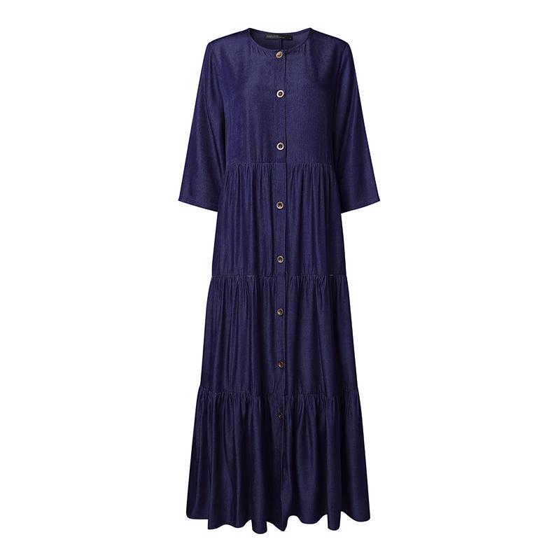 

ZANZEA Women Round Neck 3/4 Sleeve Loose Casual Long Dress 5XL тёмно-синий