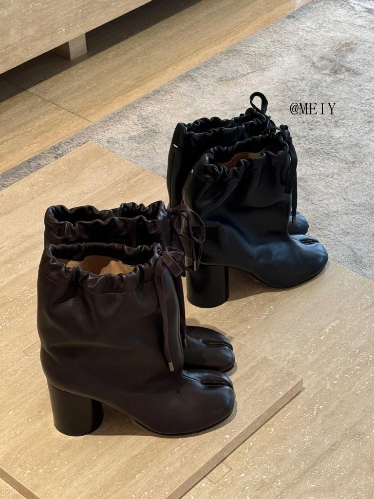 Cowhide version~ autumn and winter new wide tube lace-up split-toed pig's trotters boots women's genuine leather Korean version versatile western Mart