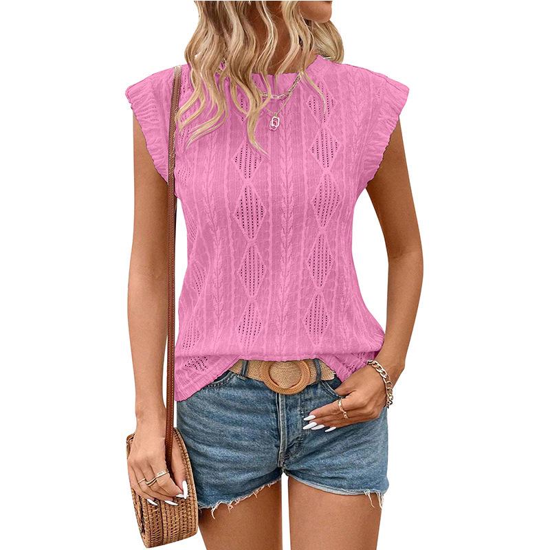 2025 Summer Women's Jacquard Round Neck Short Sleeve Loose T-shirt Vest