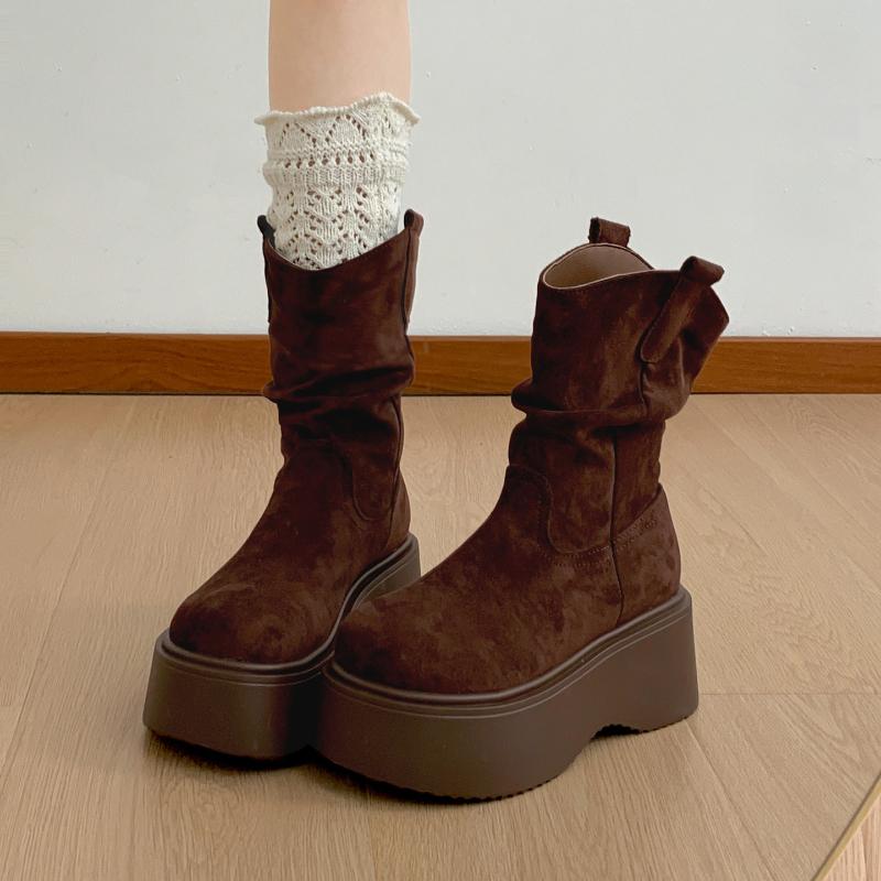 Chunky Platform Thick Sole Woman Ankle Boots Design Round Toe Slip On Shoes Autumn Winter Short Botas Para ,