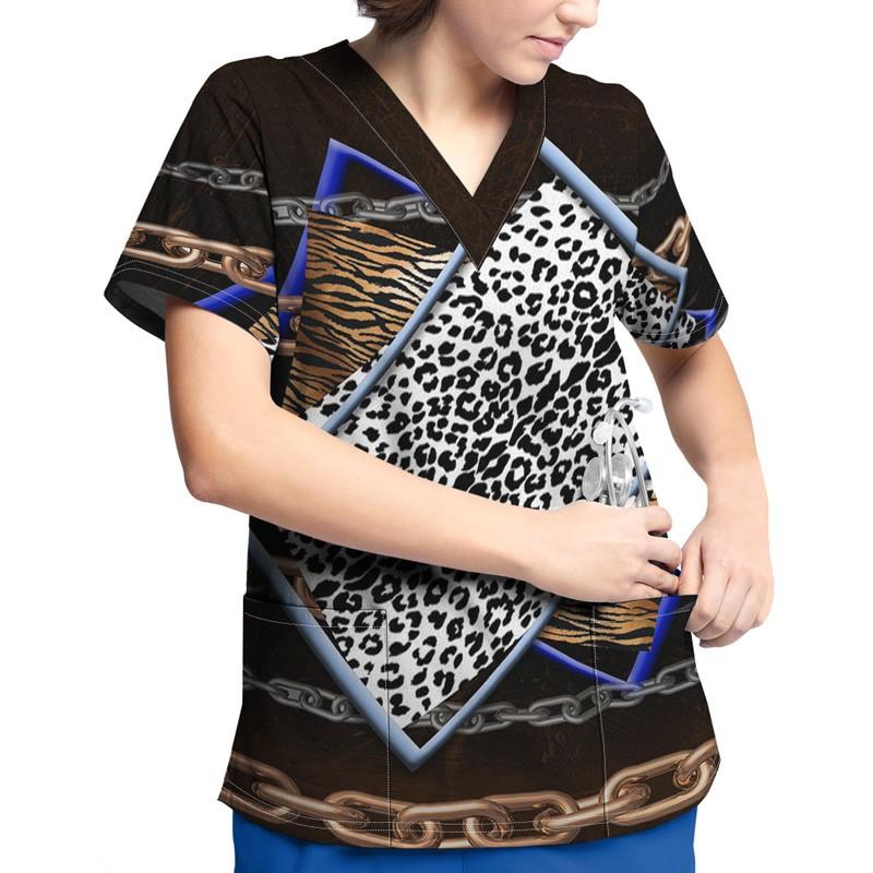 Women Short Sleeve V Neck Cartoon Pattern Tops Working Uniform T-shirts