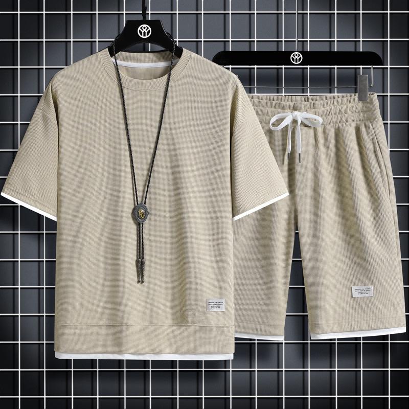 National Men's Summer Waffle Trend Casual Sports Set - Loose, Handsome Short Sleeve Clothing