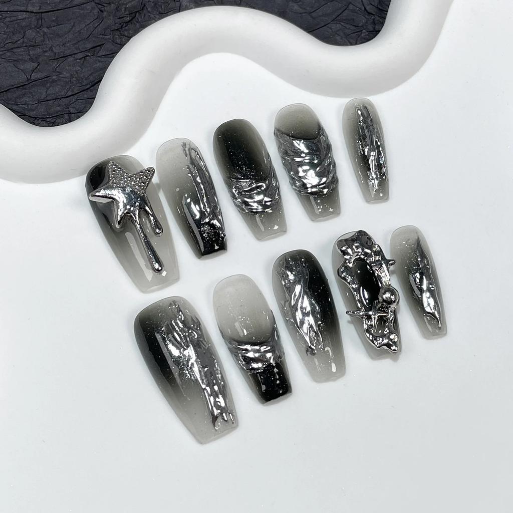 10 Pcs Handmade Long Ballerina Press On Nails Pink And Black Full Cover Fake Nails Stick On Manicure Tips