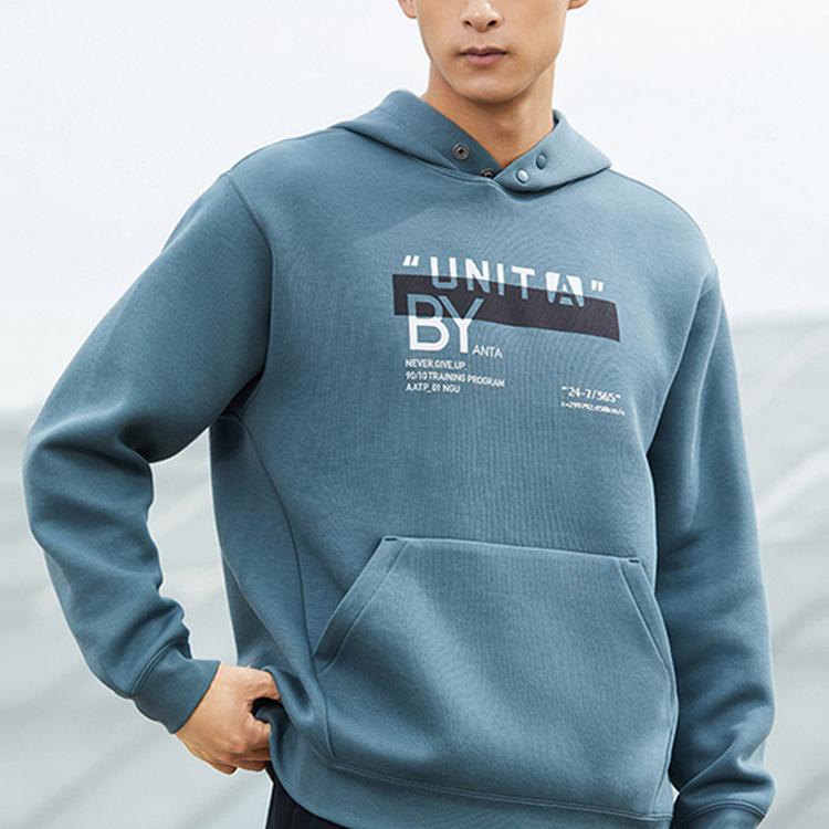 Anta Comprehensive Training Series Letter Print Hooded Pullover Long-Sleeve Sweatshirt Men Sweatshirt Cyan Gray Green 152317742-2