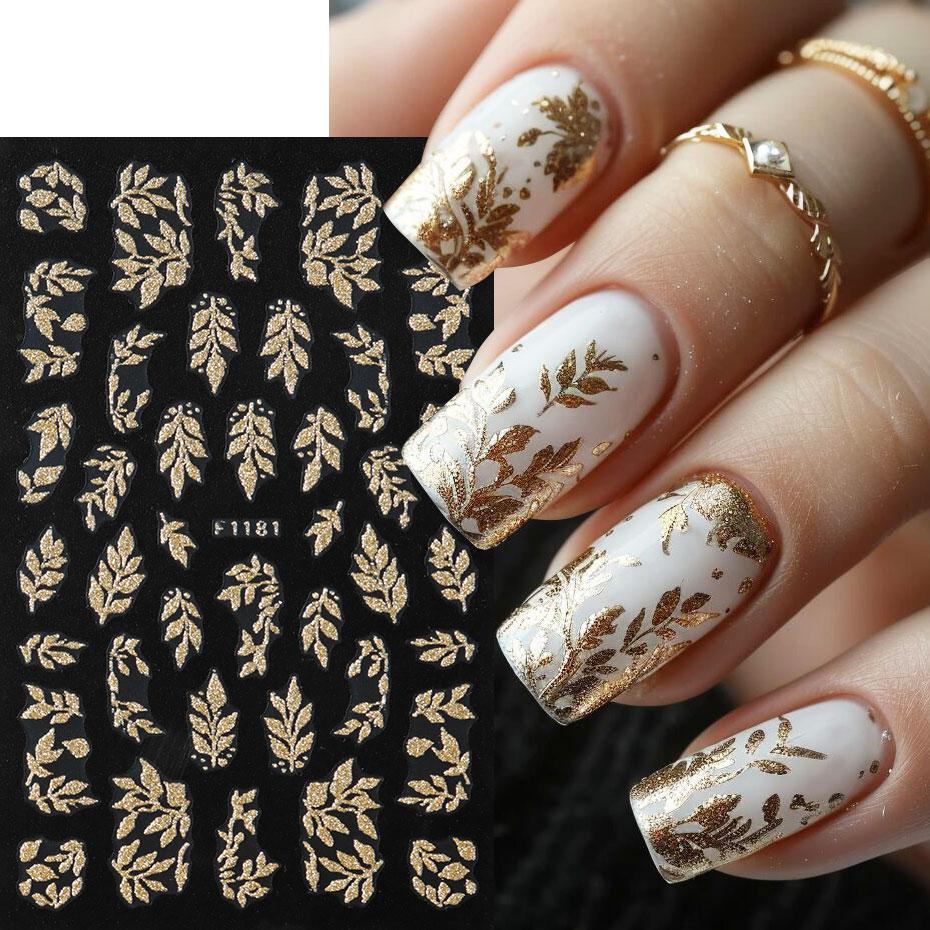 2PCS Golden Glitter Leaf Nail Art Stickers Shinny Christmas Trees Snowflake Sliders Winter Leaves Manicure Decor
