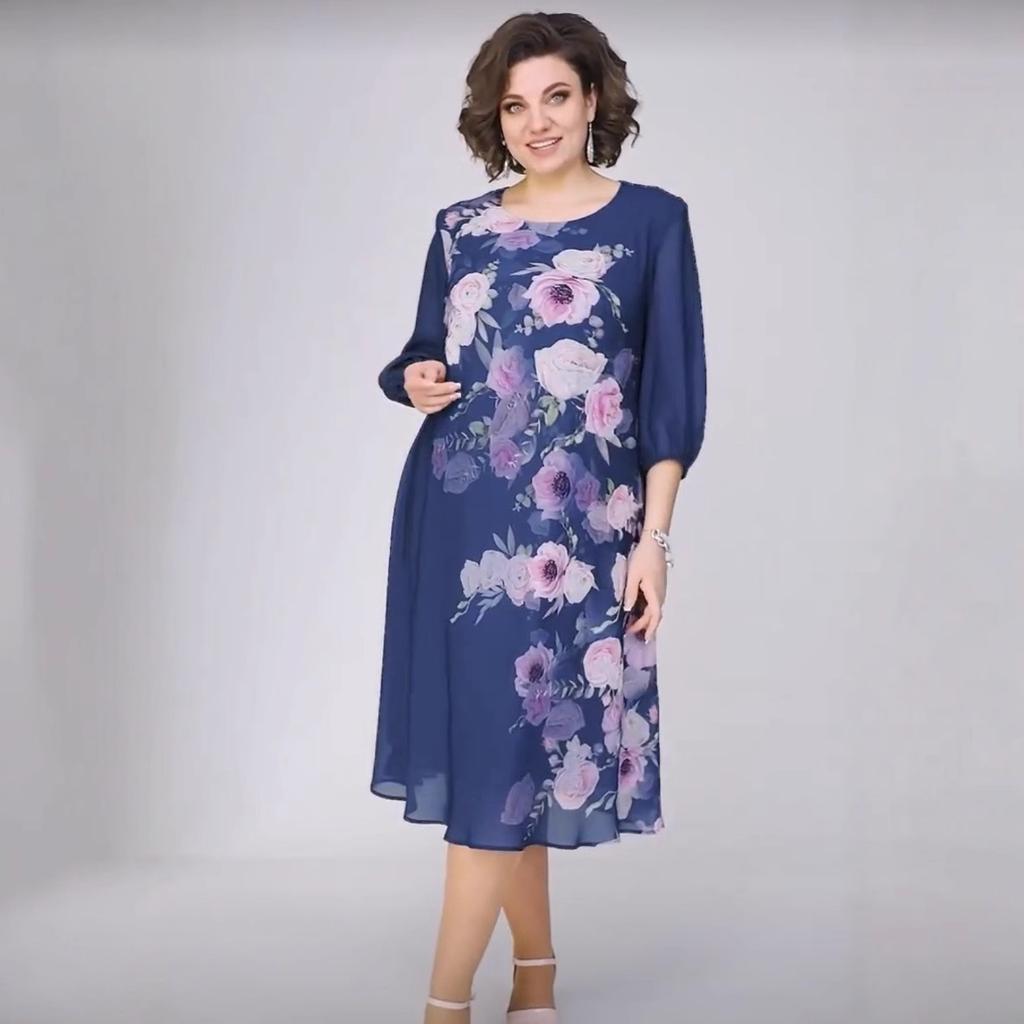 Women's Round Neck Three Quarter Sleeve Midi Dress Loose Fit Mid Waist Elegant Floral Print Chiffon Dress 2025 Summer Plus Size Casual Dress