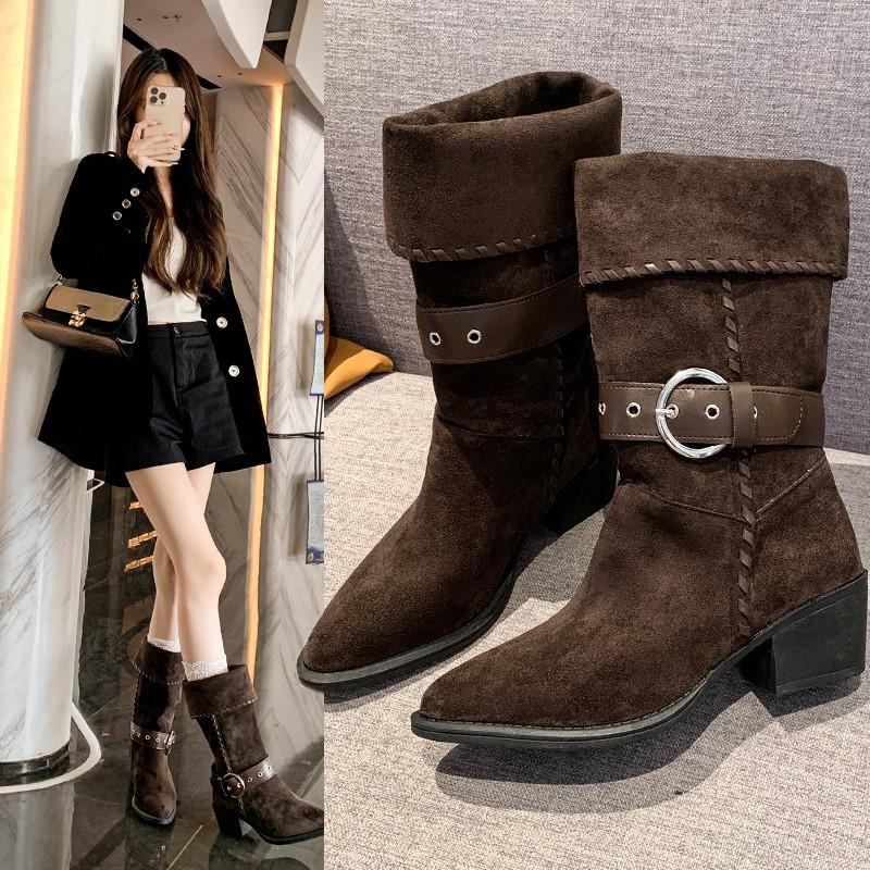 Women's fall and winter belt buckle chunky heel lightweight outdoor hiking mountaineering non-slip sports casual single stirrup not tired feet boots