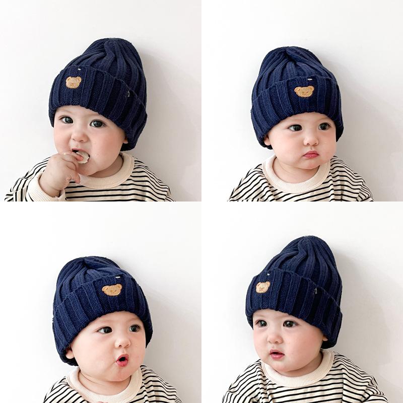 Cute Bear Baby Beanie Korean Toddler Knitted Hat Solid Color Winter Warm Woolen Crochet Bonnet 5-36 Months Boy Girl Skullies Cap