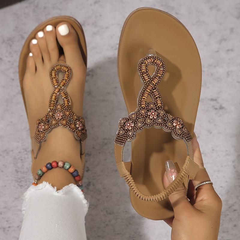 Lucyever Women's Bohemian Style Flat Sandals Beaded Clip Toe Gladiator Sandals Woman 2024 Summer Anti Slip Beach Shoes Size 42