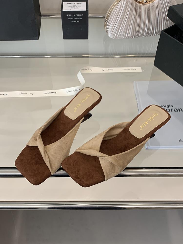 Suede Women's Square Toe Vocation Mules French Style Sandals New Summer Slippers Soft Frosted Open Toe Shoes Zapatos De Mujer