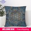 1Pc Flower Of Life Mandala Pillow Cover, 2D Double-Sided Polyester Cushion Case, Blue & Gold Spiritual Decor, Gift For Yoga & Me