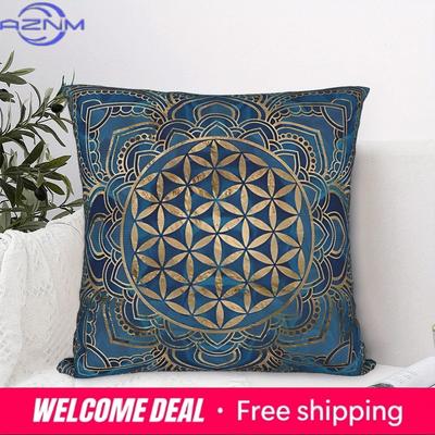 1Pc Flower Of Life Mandala Pillow Cover, 2D Double-Sided Polyester Cushion Case, Blue & Gold Spiritual Decor, Gift For Yoga & Me