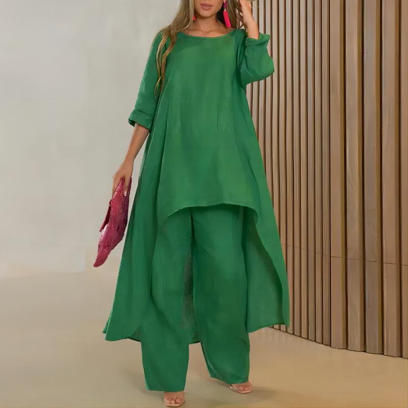 European Women's Cotton Linen Casual Plus Size Irregular Long Sleeve Top and Wide-Leg Pants Set