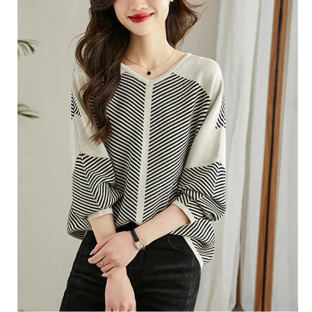 Spring Women Pullover Long Sleeve V Neck Striped Loose Office Lady Korean Style Print Lively Popularity T-Shirts