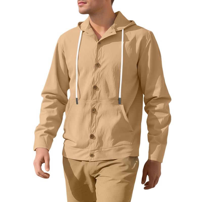 Men's Button-up Shirt Loose Cotton Linen Casual Simple Beach Hooded Long-sleeved Jacket