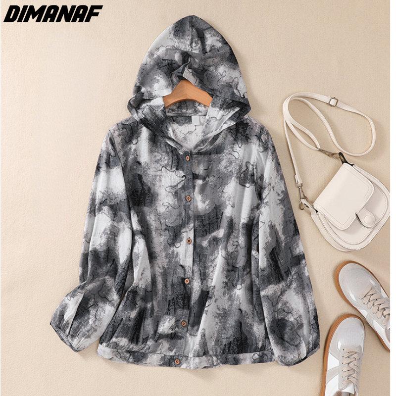 

DIMANAF 2023 Рубашка больших размеров Блузка Повседневная Женщины с длинным рукавом Пуговицы с капюшоном Летняя свободная одежда Тонкое хлопчатобумажное белье