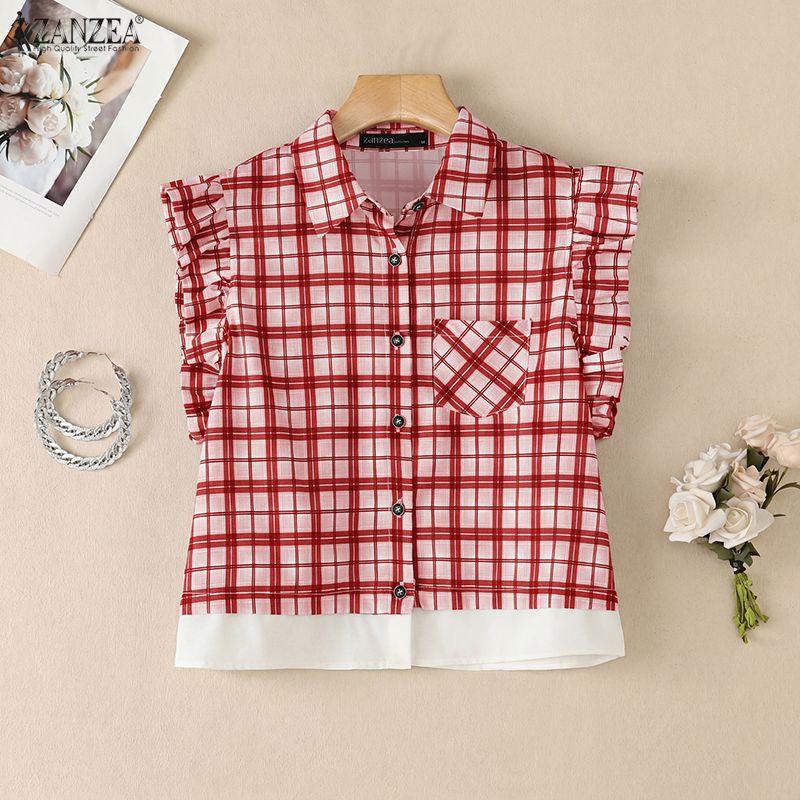 ZANZEA Women Casual Turn Down Collar Sleeveless Plaid Print Blouse