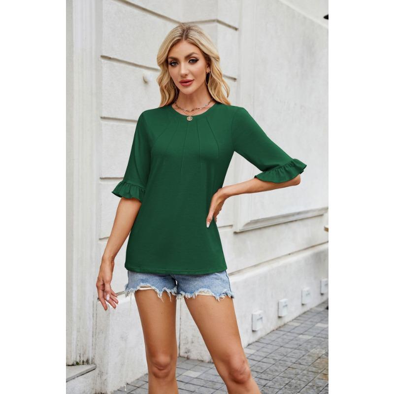 Women's Spring and Summer New Solid Colour Striped Round Neck Ruffled Sleeve Mid-sleeve T-shirt Tops