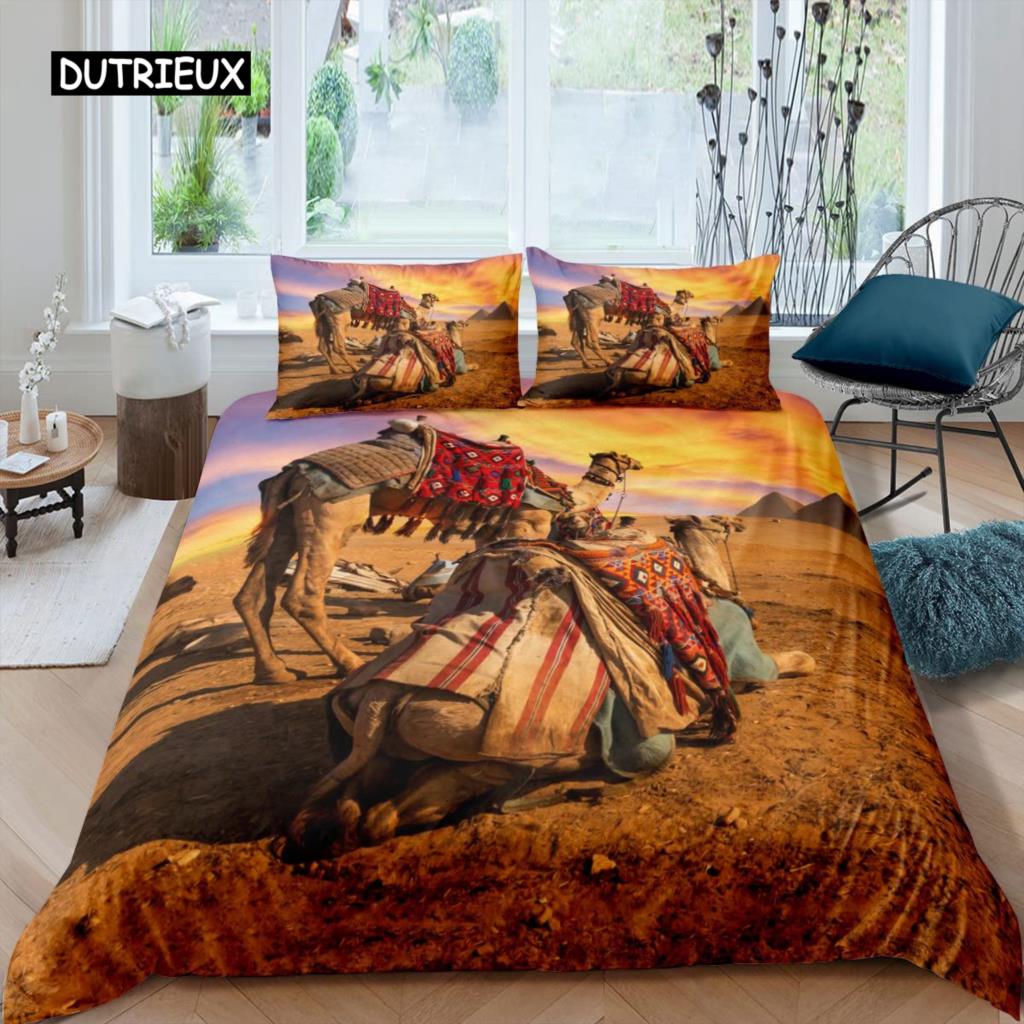 Camel Duvet Cover Set Sunset Desert Adventure Tehme Quilt Cover King Size Wildlife Animal Bedding Set for Children Teens Young