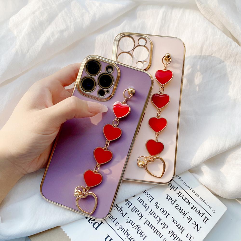 

Luxury Drip Glue Red Heart Bracelet Plating Edge Soft TPU Phone Case for Samsung S23 S24 A15 A35 M54 Huawei P40 Honor 90 Lite Back Cases Chain Cover