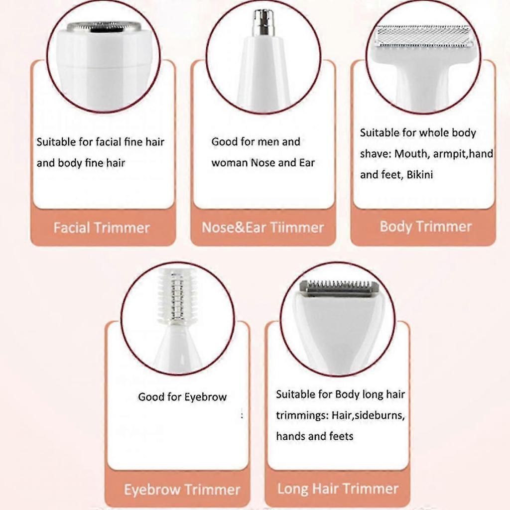 Women Bikini Trimmer, 5 In 1 Woman Electric Shaver, Rechargeable Epilator Lady Hair Painless Shaver For Bikini Area /nose/ Armpit/eyebrow/facialpink