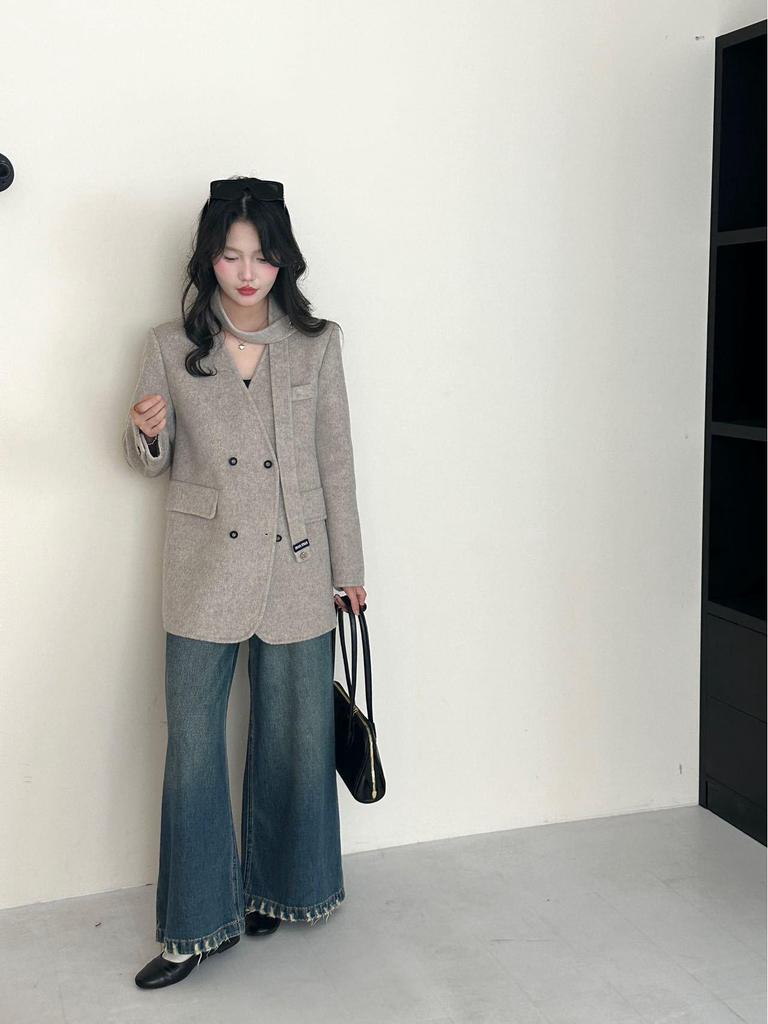 Petite Women's Two-Tone V-Neck Double-Sided Wool Coat for Autumn/Winter