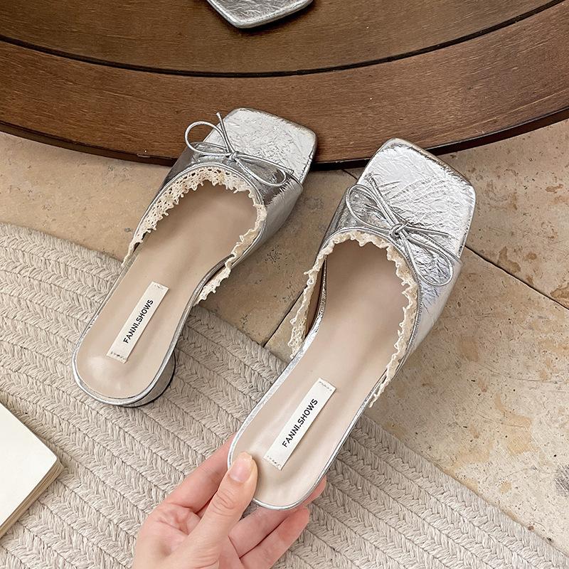 Fashion Women's Footwear Butterfly-knot Square Toe Women Slippers Elegant Thick Heel Slides Ladies Concise Beach Dress Sandalias Fashion