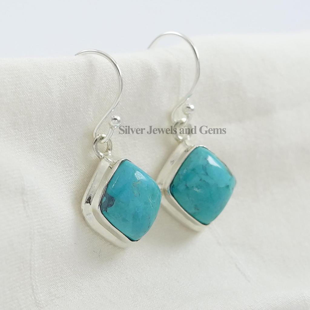 Kingman Turquoise Earrings, 925 Sterling Silver Ring, Square Earring, Handmade Earrings, Blue Gemstone Earring, Gift for Mother