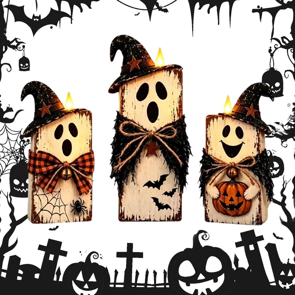 Rustic Farmhouse Wooden Scarecrow Ghost Pumpkin Fall Decor Set Tiered Tray Tabletop Ornament Halloween Thanksgiving