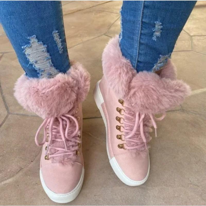 Women's Boots Christmas Fashion Lace-Up Fuzzy Lined Ankle Boots Casual Round Toe Flat Boots