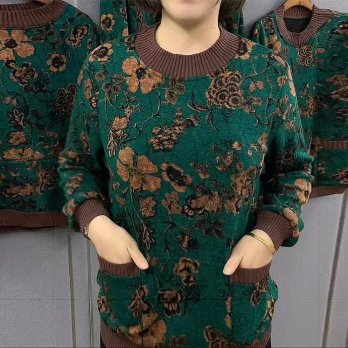 

Imitation Super Winter Large Size Mom Pack Fleece Thickened New Printed Long Sleeve Warm Middle Old Lady Bottom Shirt 5XL зелений