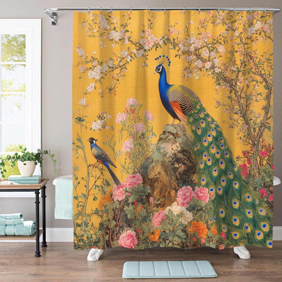 

1-Pack Bright Peacock And Floral Print Shower Curtain - Polyester, Machine Washable, Elegant Bathroom Decor For All Seasons W60H190(CM)-1 Pcs