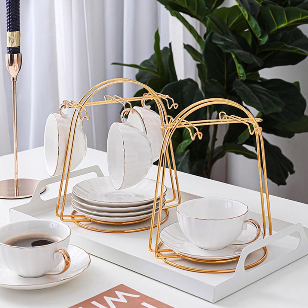 Tea Cup and Saucer Display Rack Mug Hanger Water Drainer Stainless Steel Cup Rack for Countertop Bottle Kitchen Decor