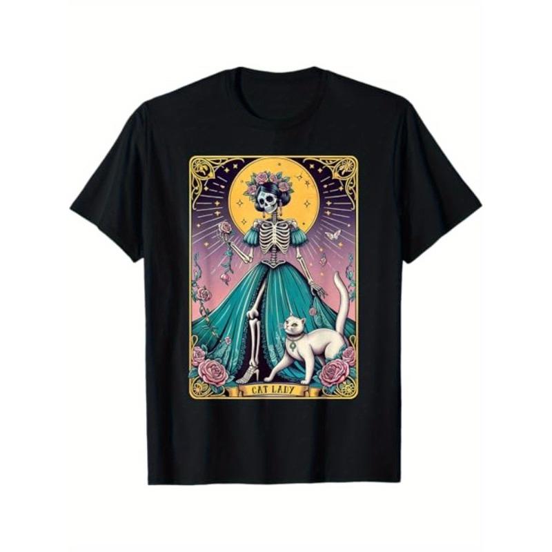 European sizes Skeleton Cat Card T-Shirt - Gothic White Cat & Floral Print with The Cat Text - Soft Black Short Sleeve Round Neck Tee for Men