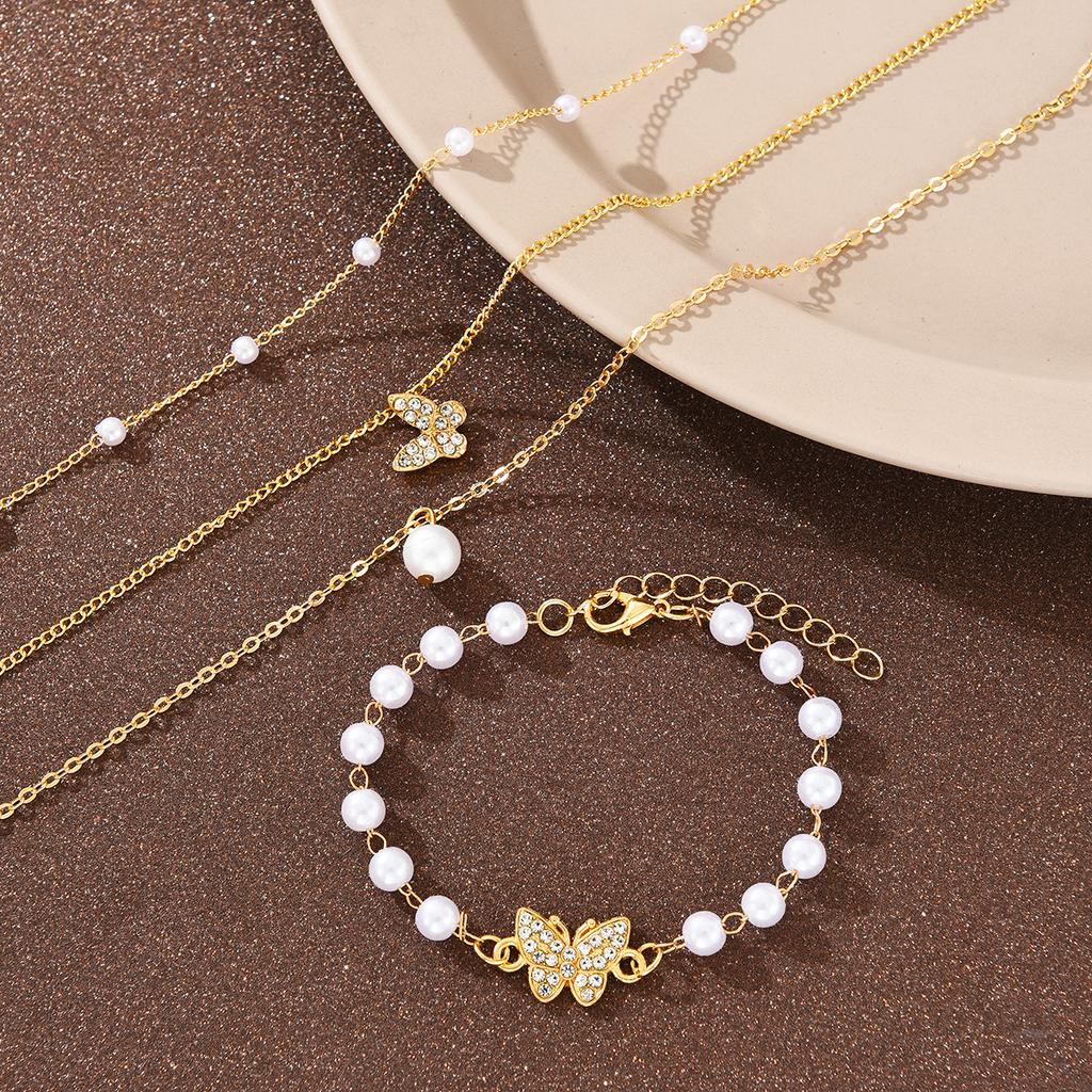 New 2Pcs Pearl Zircon Butterfly Bracelet Necklace for Women Fashion Elegant Gold White Color Bracelet Necklace Set Party Jewelry