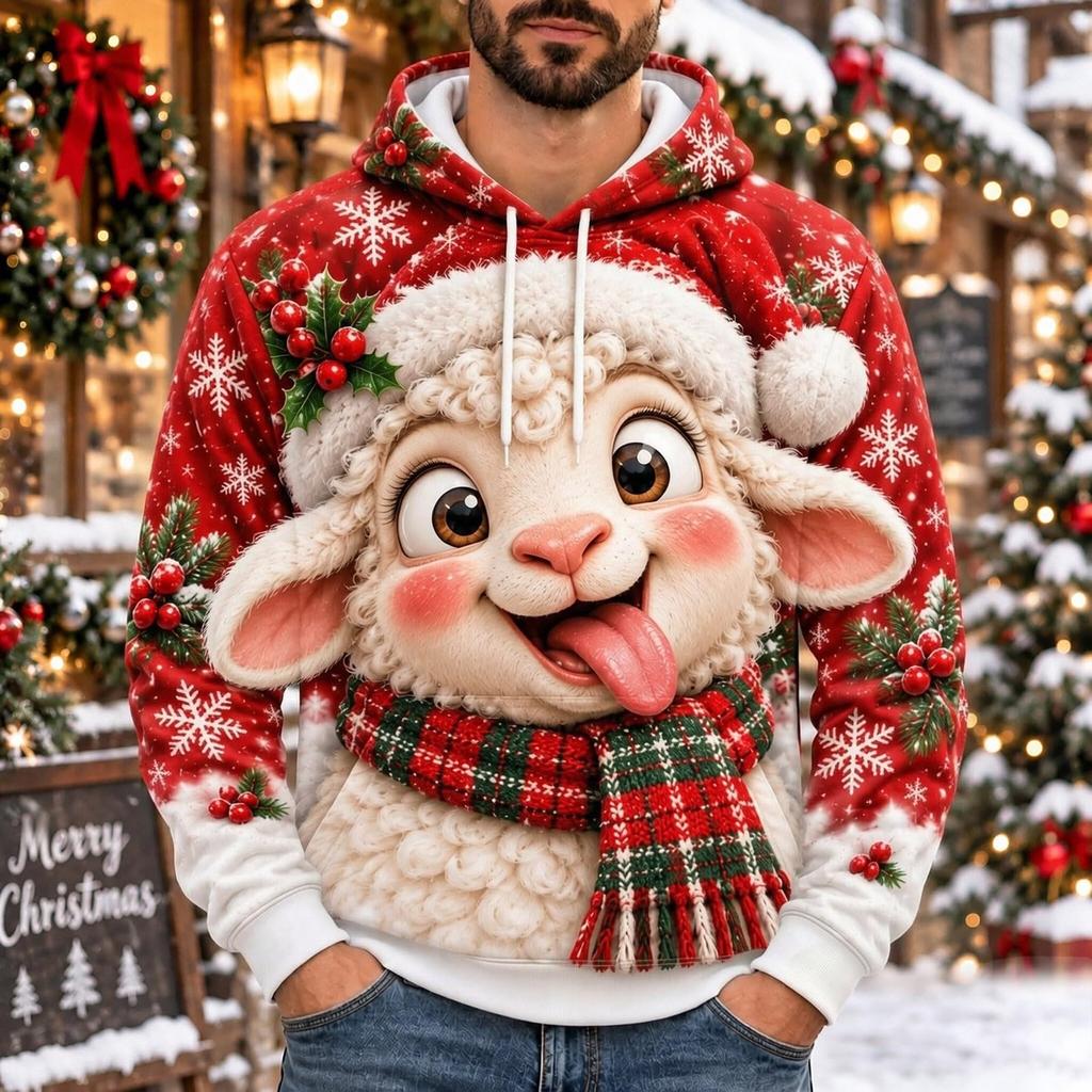 Men's Casual Loose Fit Hooded Long Sleeve Top with Christmas Print for Holiday Parties